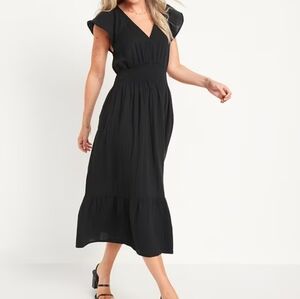 Black V-Neck Flutter Sleeve Maxi Dress